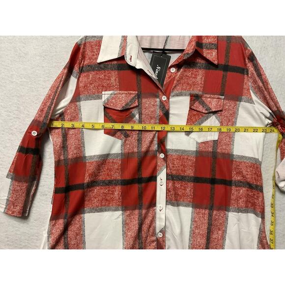 Ninedaily Shirt Womens 2XL Red White Plaid Button Up Tunic Top Pockets Casual - Picture 5 of 6